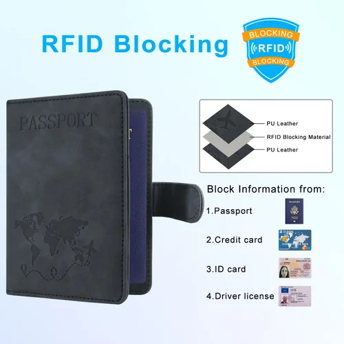 Vista 2 de Funda para pasaporte, cartera con bloqueo RFID, funda de cuero para tarjetas, accesorios de viaje para mujeres y hombres, *Negro