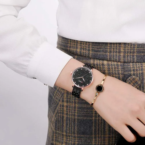 Vista 2 de Oro mujeres reloj negocios cuarzo reloj señoras lujo femenino reloj de pulsera reloj chica Relogio Feminin