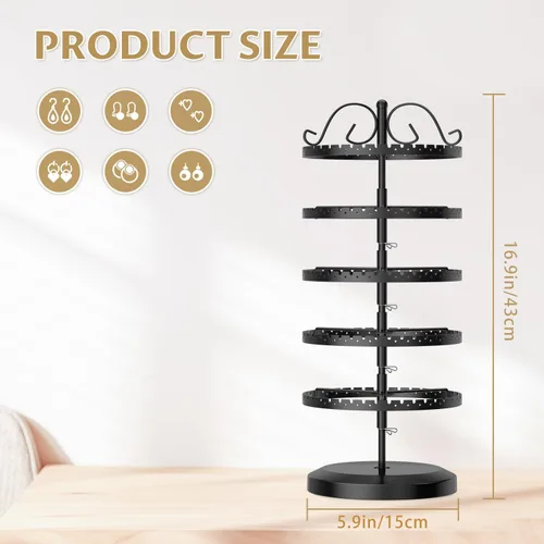 Vista 2 de LASZOLA Soporte organizador de aretes negro de 5 niveles, árbol para mujer, almacenamiento para tachuelas y aro, soporte de clip giratorio grande