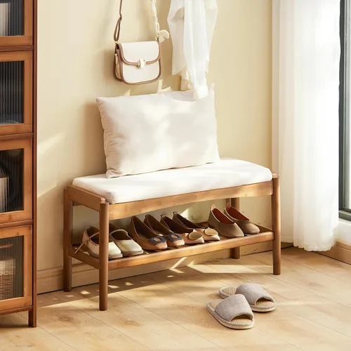 Vista 9 de STDDRE Banco para Zapatos de Entrada de Bambú de 2 Niveles Estante para Zapatos con Asiento Acolchado con Cojín, Organizador de Banco para Zapatos