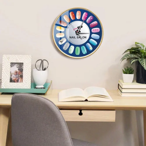 Vista 5 de Reloj de pared de salón de uñas de 12 pulgadas con marco de madera, silencioso sin tictac, funciona con pilas, esmalte de uñas y cuidado de dedos