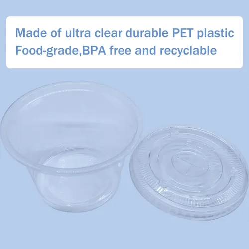 Vista 4 de Qinsihwn Paquete de 50 Vasos de Plástico Desechables de 8 OZ con Tapas, Vasos de Porciones Transparentes con Tapas Planas, Vaso Desechable