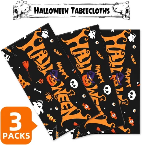 Vista 4 de Labeol Paquete de 3 manteles de Halloween, 108 x 54 pulgadas, manteles de Halloween negros, desechables, impermeables, de plástico, rectangular