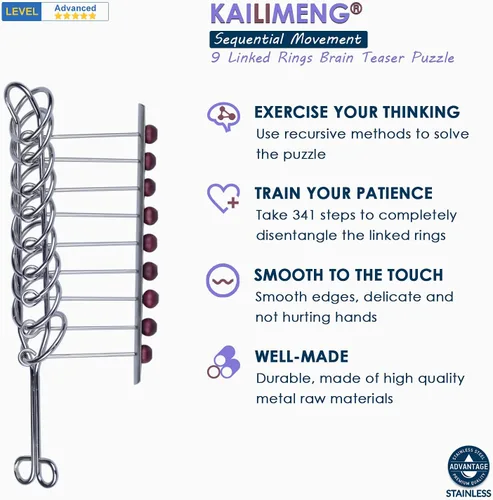 Vista 3 de KAILIMENG Rompecabezas de metal con 9 anillos enlazados, rompecabezas duro para adultos, juego mental para adultos y niños, juguete clásico de mano