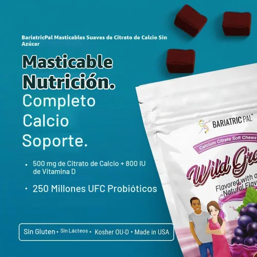 Vista 2 de BariatricPal Citrato de calcio sin azúcar, masticables suaves, 500 mg con probióticos (90 unidades) – uva silvestre