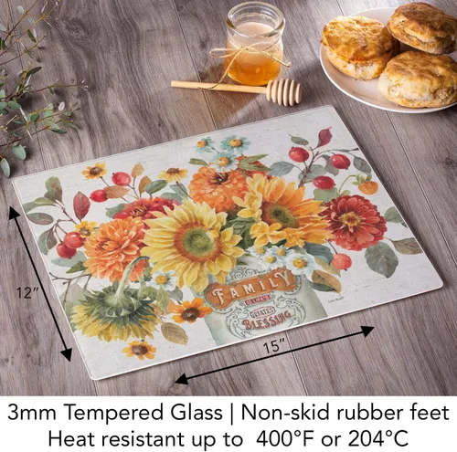 Vista 6 de Autumn In Bloom - Tabla de cortar decorativa de vidrio templado tolerante al calor de 0.118 in, 15 x 12 pulgadas, fabricada en los Estados Unidos