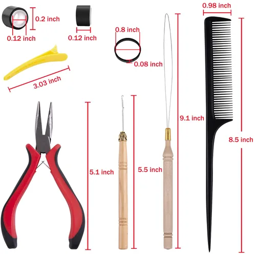 Vista 2 de Duufin Kit de extensiones de cabello, 500 piezas de cuentas de micro anillo negro, 1 alicates de extensión de cabello, 2 ganchos, aguja de tracción