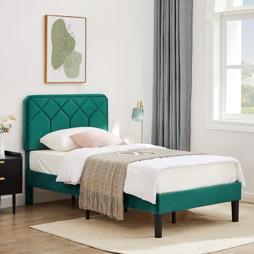 Vista 4 de VECELO Base de cama tamaño individual con plataforma tapizada de cuero de alta calidad con cabecera ajustable en altura / base de colchón, soporte
