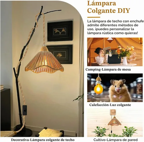 Vista 6 de Luces colgantes rústicas de granja con cable enchufable, cable de cuerda de cáñamo trenzada de 16.7 pies, pantalla tejida de cáñamo de 23x10 cm