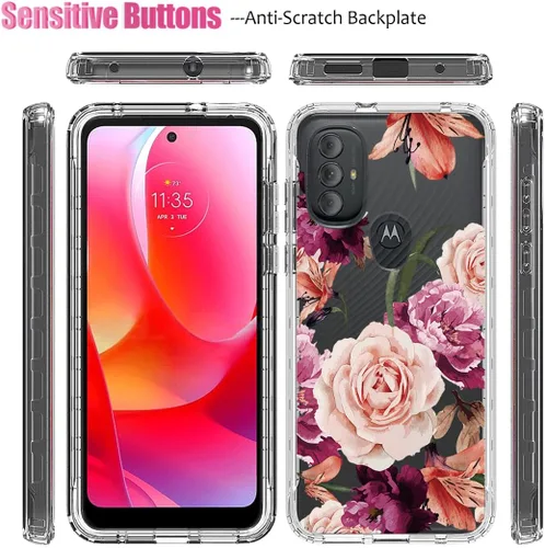 Vista 5 de Funda para Moto G Power 2022, para Motorola G Power 2022 con protector de pantalla de vidrio templado, cubierta de protección floral transparente