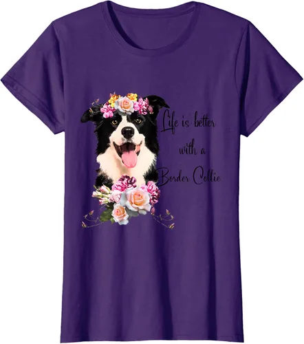 Vista 10 de Life is Better With a Border Collie - Camiseta de perro lindo con flores, gris, S Gris Oscuro