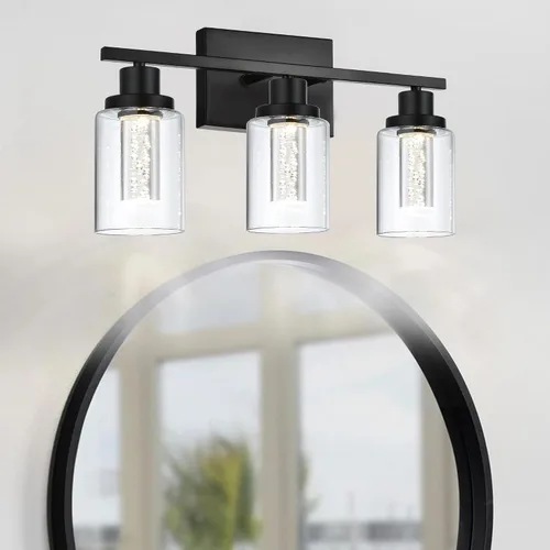 Vista 3 de MELUCEE Lámparas de tocador de baño, 3 luces LED sobre espejo, 3000 K-6000 K, moderna luz negra para baño con pantalla de cristal de burbujas, chips