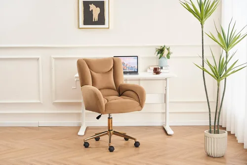 Vista 6 de Velvet Swivel Desk Chair with Gold Base - 360° Rotating Office Chair with Ergonomic Tufted Backrest, Thick Sponge Cushion & Universal Wheels for