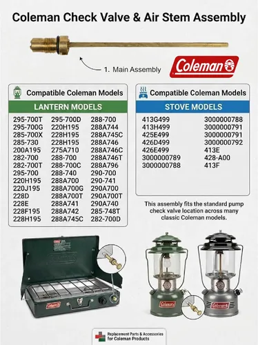 Vista 2 de Coleman Conjunto de válvula de retención y vástago de aire Número de artículo: 200-6381; Parte para linterna o estufa