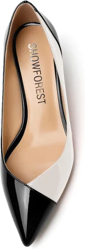 Vista 3 de SHOWFOREST Zapatos de tacón bajo con puntera puntiaguda, de patente formal para mujer, de 2 pulgadas