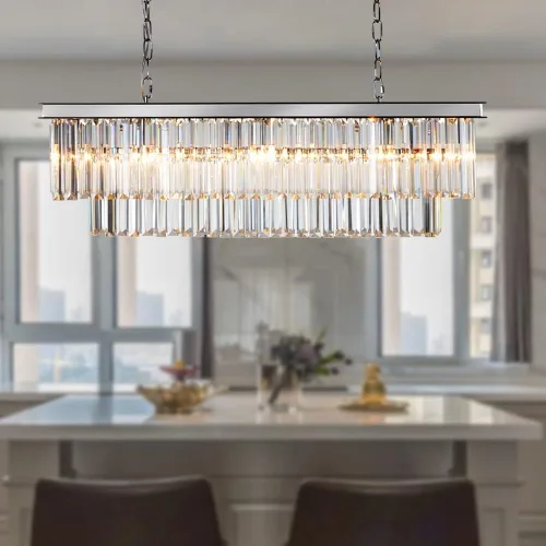 Vista 11 de Lámpara de Araña Moderna de Cristal K9, Luminaria Colgante de Techo Rectangular con 8 Luces para Comedor y Cocina, Acabado en Cromo, L33.5 Pulgadas