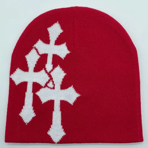 Vista 6 de Y2K Gorro de punto con gráficos cruzados para hombres y mujeres, jacquard, punk, color sólido, sombrero de tendencia para deportes al aire libre