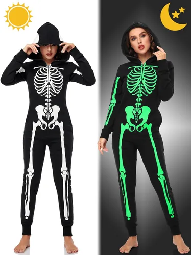 Vista 4 de URATOT Disfraz de esqueleto para mujer que brilla en la oscuridad para Halloween