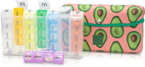 Vista 15 de Made Easy Kit Pastillero grande para 7 días/28 compartimentos en neopreno con pastillero de almacenamiento diario en la mañana, mediodía, víspera