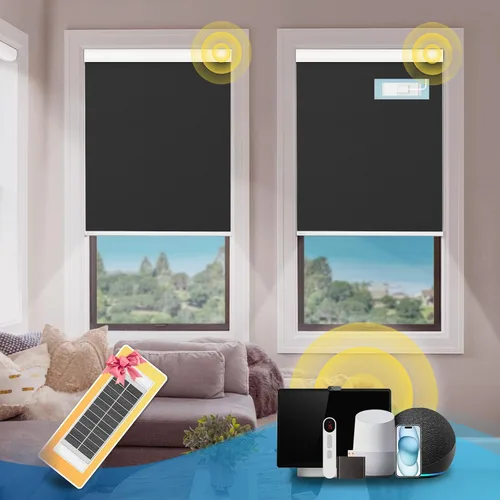 Vista 10 de DENFOON Persianas enrollables de tamaño personalizado con panel solar, persianas eléctricas térmicas opacas con control remoto para ventanas