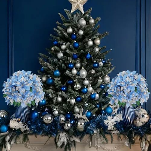 Vista 6 de 4 flores artificiales de Pascua de Navidad, adornos de flores sintéticas con purpurina, 5 tallos de Pascua florales con hojas de tallo para fiesta