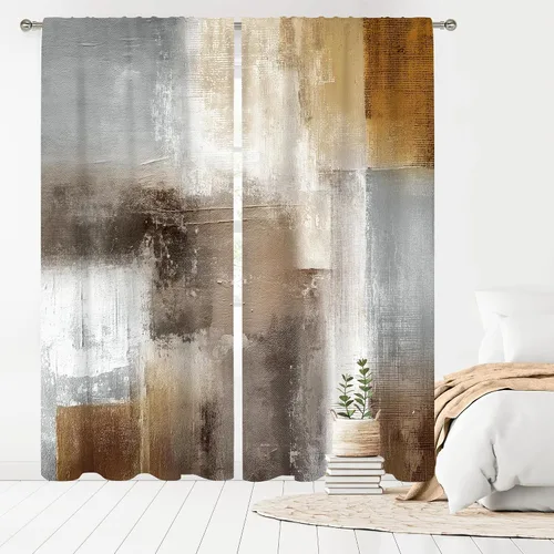 Vista 13 de MESHELLY Cortinas Rojas Abstractas 42Wx63H Pulgadas Bolsillo para Varilla Bloques Rústicos Borgoña Marrón Pintura al Óleo Casa de Campo Dormitorio