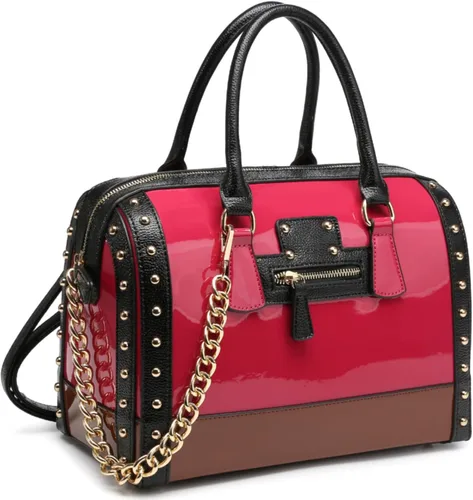 Vista 14 de Dasein Bolso Barrel para Mujer de Cuero Sintético de Charol Brillante con Decoración de Remaches Asa Superior Cartera Bolso de Hombro Azul más grande