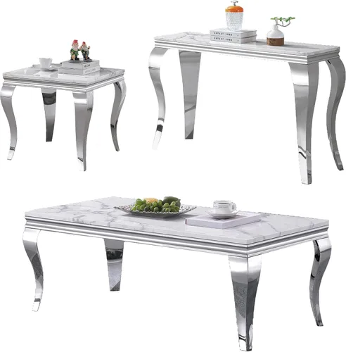 Vista 23 de SSLine Moderna mesa de centro de 1 pieza para sala de estar, mesa de centro de lujo de mármol sintético con patas de acero inoxidable en forma de S