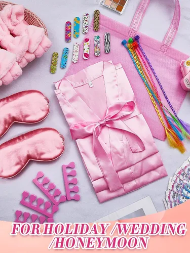 Vista 6 de Xuhal 92 piezas de recuerdos de fiesta de spa para niñas, suministros de fiesta de pijama, batas de satén para niños, fiestas de pijamas con bolsas