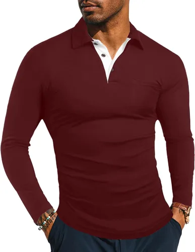 Vista 18 de KUYIGO Camisas de manga larga y corta estilo polo para hombre, estilo informal, ajustadas, diseño sólido, suave, con botones, de algodón, con A1
