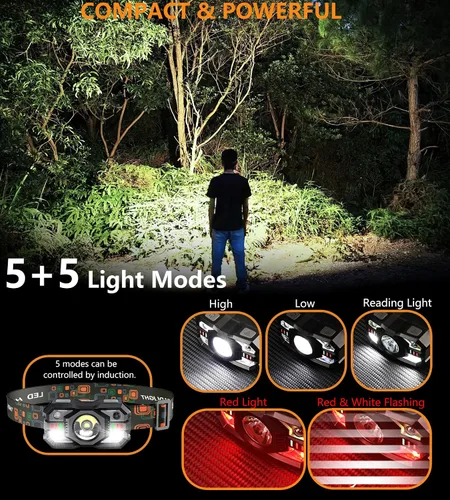 Vista 2 de Skylla Linterna frontal recargable, 1200 lúmenes ultra brillante LED linterna con luz blanca y roja, sensor de movimiento impermeable, 5 modos