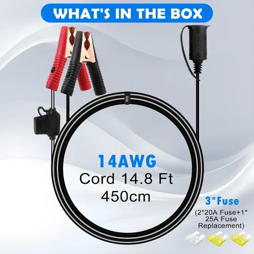 Vista 6 de 14.8FT/14.8 ft 14AWG 20A 12V 24V hembra encendedor de cigarrillos de coche enchufe a batería cocodrilo pinzas conector, cable de carga de extensión