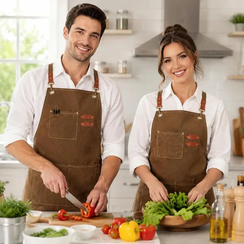 Vista 3 de APRONPANDA Cross-Back Chef Aprons for Men and Women, Water Repellent Cotton Canvas Adjustable Work Apron with Pockets Marrón