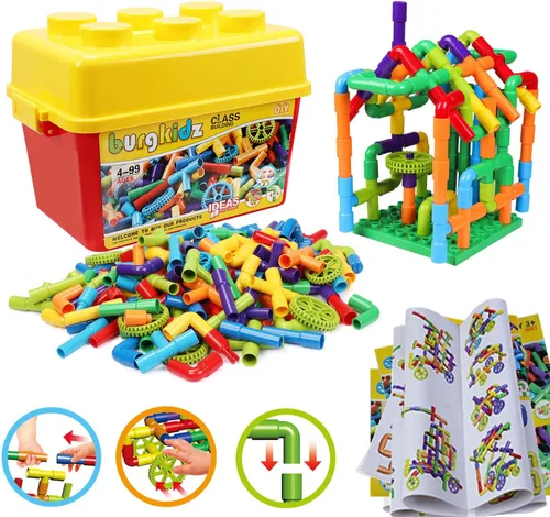 Vista 9 de burgkidz STEM - Bloques de construcción de tubo de aprendizaje para tubo, juguetes sensoriales con ruedas, placa base para todas las edades, niños