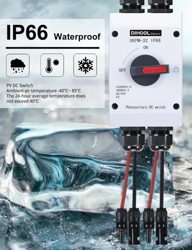 Vista 3 de DIHOOL Interruptor de desconexión solar,32 amperios DC600V,2 cuerdas 2 en 2 salidas aislador,IP66 impermeable