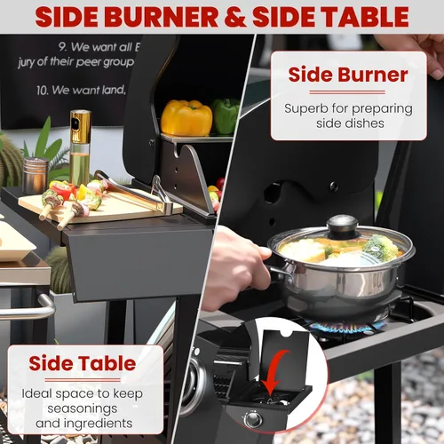 Vista 3 de Parrilla de gas con 6 quemadores y quemador lateral con 403 pulgadas cuadradas, parrilla de gas de propano para exteriores con 60,000 BTU, con tapa