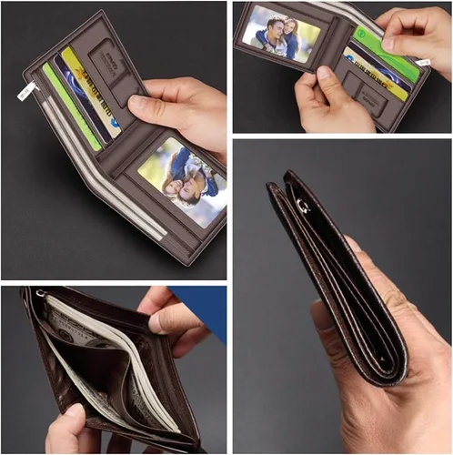 Vista 5 de LAORENTOU Billeteras de cuero genuino para hombre, billeteras plegables con cremallera, bolsillo para monedas, casual, cartera delgada
