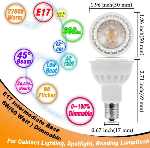 Vista 2 de Heifymi Reflector regulable E17 tipo base intermedia R14 de 6 W (equivalente a 60 vatios), blanco cálido 2700 K, 600 lúmenes, bombilla LED E17