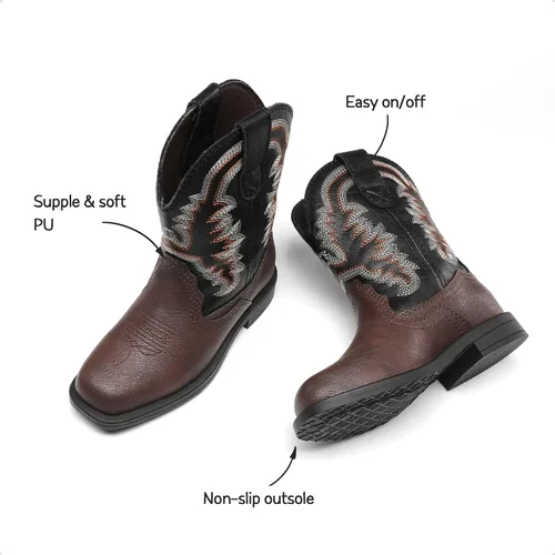 Vista 4 de DREAM PAIRS Botas vaqueras para niños pequeños y niñas, con punta cuadrada occidental, botas de equitación a media pantorrilla