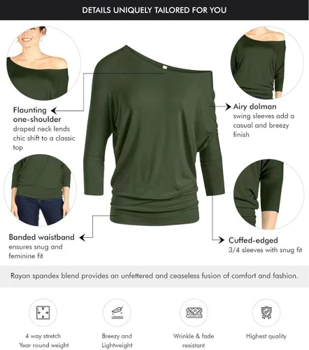 Vista 5 de Camiseta sexy para mujer estilo dolman con hombros descubiertos manga 34 cintura con bandas tallas regulares y grandes