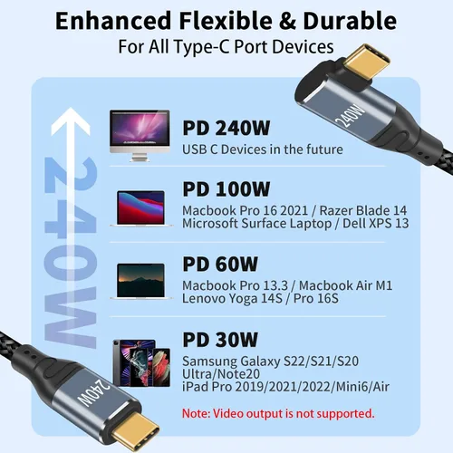 Vista 5 de Duttek Cable de carga USBC en ángulo recto de 6.6 pies/6.6 ft, cable USB C de 240 W, cable de carga rápida, USB tipo C macho a macho, cable trenzado