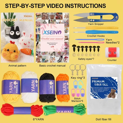 Vista 2 de XSEINO Kit de ganchillo para principiantes, kit de inicio de ganchillo con tutoriales en video paso a paso, kit de aprendizaje para principiantes