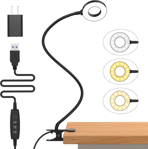 Vista 10 de Lámpara de escritorio iZELL, [3 modos de color y 10 niveles de brillo] luz LED de lectura con abrazadera, brazo flexible de silicona, luz de libro