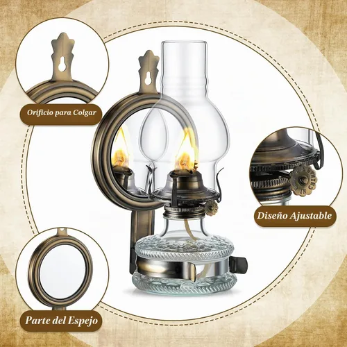 Vista 5 de Yexiya 2 piezas de lámpara de queroseno grande, cámara de linterna de aceite, lámpara de pared vintage de vidrio transparente, rústica con mecha