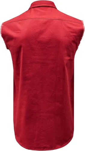 Vista 2 de MCULIVOD Camisa de algodón de mezclilla sin mangas para hombre, chaleco de motociclista con botones y bolsillo frontal