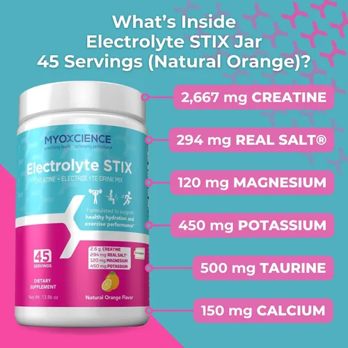Vista 4 de MYOXCIENCE Electrolyte STIX Polvo de electrolito de creatina Recuperación del ejercicio y el desarrollo muscular con sal real