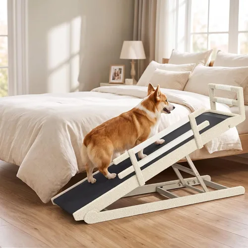 Vista 11 de Rampa para perros para cama, rampa de madera ajustable para mascotas de 46 Beige