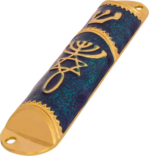Vista 4 de Juego de 6 fundas esmaltadas para puerta mezuzá con símbolo mesiánico judío (azul con oro)