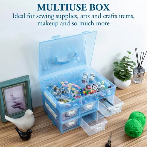 Vista 4 de MyGift Estuche organizador transparente de 11 pulgadas para suministros de costura para manualidades y artes con detalles blancos, 24 compartimentos