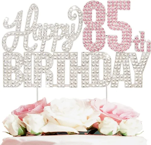 Vista 28 de Decoración de pastel de diamantes de imitación rosa y plateado con texto en inglés "Cheers to 11 Years Old Eleven Bday" de metal brillante